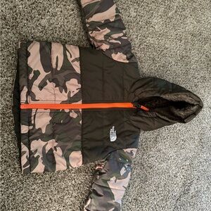 The North Face Kids' Brown Camo Jacket with Orange Zipper